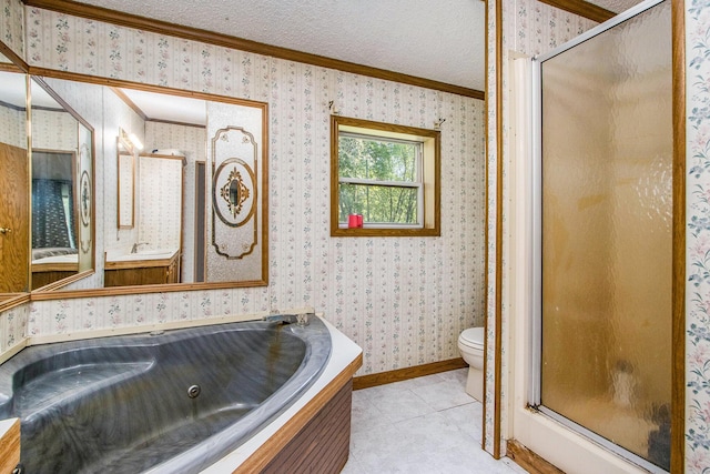 115 E X Y Ave, Vicksburg, MI 49097 - full bath featuring wallpapered walls, ornamental molding, a shower stall, toilet, and a tub with jets