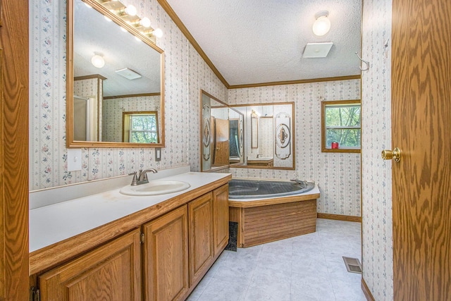 115 E X Y Ave, Vicksburg, MI 49097 - full bath with crown molding, a textured ceiling, a shower stall, vanity, and a bath
