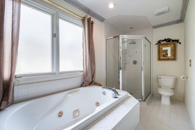 16480 Dusklight Dr, Fenton, MI 48430 - bathroom with toilet, a jetted tub, a stall shower, and tile patterned flooring