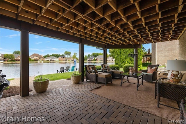 49729 Sandra Dr, Shelby Twp, MI 48315 - view of patio / terrace featuring an outdoor hangout area, a water view, and a residential view