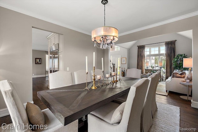 49729 Sandra Dr, Shelby Twp, MI 48315 - dining area featuring dark wood finished floors, a chandelier, ornamental molding, and baseboards
