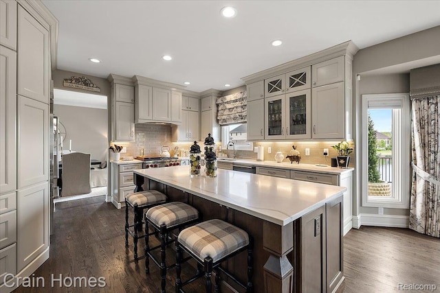 49729 Sandra Dr, Shelby Twp, MI 48315 - kitchen with plenty of natural light, light countertops, dark wood-style floors, and recessed lighting