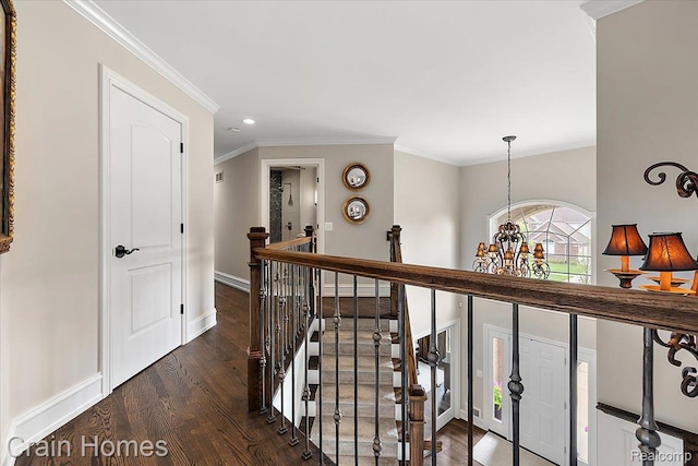 49729 Sandra Dr, Shelby Twp, MI 48315 - hall featuring dark wood-style floors, a chandelier, baseboards, ornamental molding, and an upstairs landing