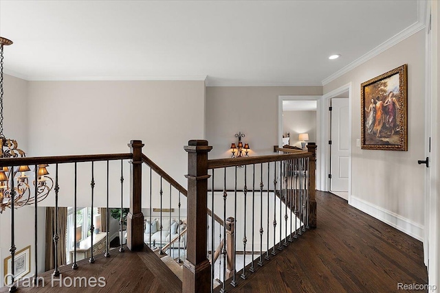 49729 Sandra Dr, Shelby Twp, MI 48315 - stairway with wood finished floors, baseboards, recessed lighting, and crown molding