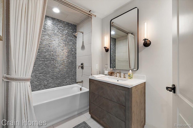49729 Sandra Dr, Shelby Twp, MI 48315 - full bath with shower / tub combo with curtain, vanity, tile patterned floors, and recessed lighting