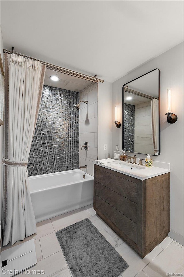 49729 Sandra Dr, Shelby Twp, MI 48315 - bathroom with shower / tub combo with curtain, vanity, and tile patterned flooring