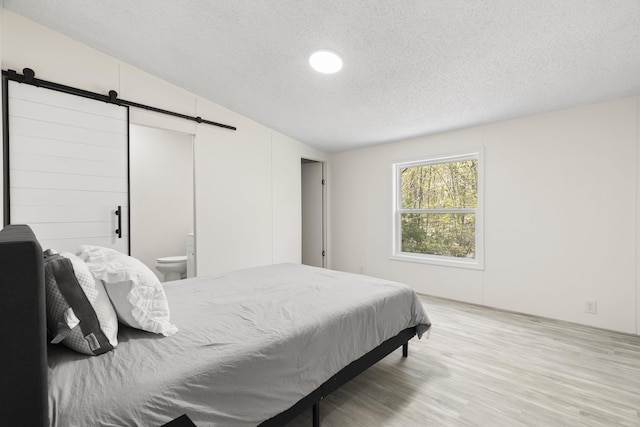 2906 Frankfort Hwy, Frankfort, MI 49635 - bedroom with a barn door, wood finished floors, a textured ceiling, and vaulted ceiling