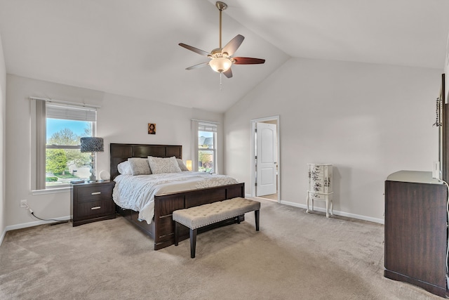 25340 Villagewood, South Lyon, MI 48178 - bedroom with light carpet, high vaulted ceiling, baseboards, and ceiling fan