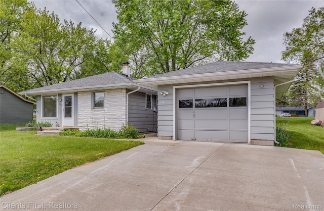 631 Lindsay St, West Branch, MI 48661 - ranch-style house with driveway, stone siding, a front yard, a chimney, and a shingled roof