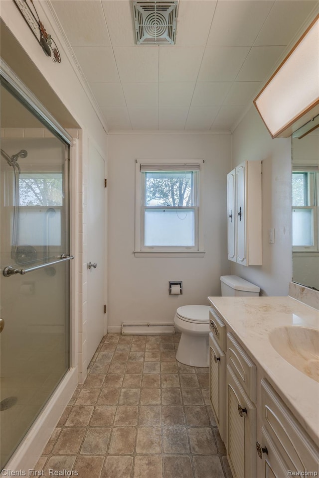 631 Lindsay St, West Branch, MI 48661 - full bathroom featuring vanity, a shower stall, healthy amount of natural light, toilet, and crown molding