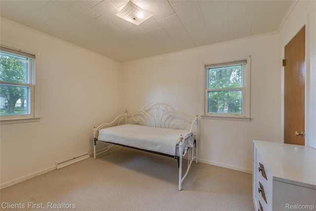 631 Lindsay St, West Branch, MI 48661 - bedroom with a baseboard heating unit, ornamental molding, multiple windows, and light carpet