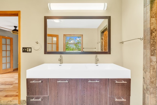 bathroom featuring wood finished floors and double vanity
