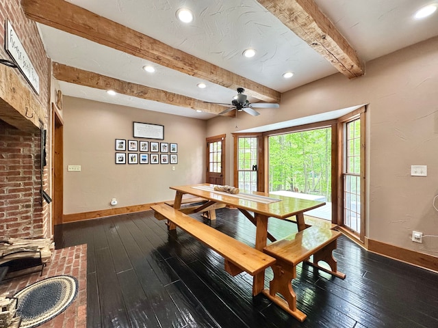 4909 Barnstable Ln, Lansing, MI 48906 - dining area featuring dark wood finished floors, beamed ceiling, recessed lighting, and ceiling fan