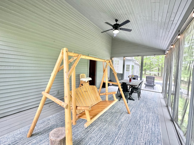 4909 Barnstable Ln, Lansing, MI 48906 - sunroom featuring ceiling fan, vaulted ceiling, and outdoor dining space