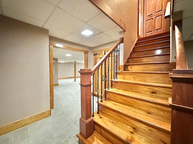 4909 Barnstable Ln, Lansing, MI 48906 - stairway featuring carpet flooring and a paneled ceiling