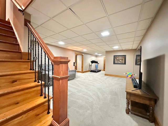 4909 Barnstable Ln, Lansing, MI 48906 - living room featuring stairs, carpet flooring, a drop ceiling, and recessed lighting