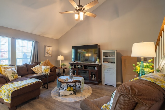 3897 Hunters Way, Canton, MI 48188 - living room with high vaulted ceiling, wood finished floors, and ceiling fan