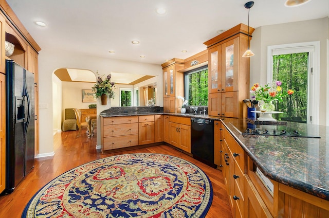 8461 Webster Hills Rd, Dexter, MI 48130 - kitchen featuring black appliances, a peninsula, wood finished floors, plenty of natural light, and recessed lighting