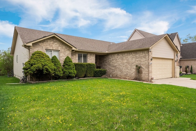 47697 Barclay Ct, Shelby Twp, MI 48317 - ranch-style house with brick siding, a garage, a front yard, and roof with shingles