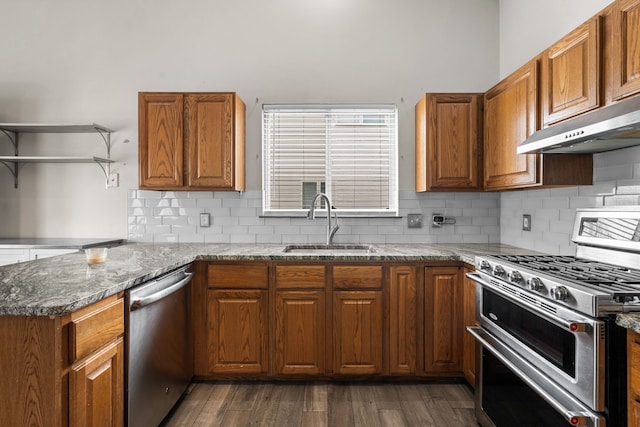 47697 Barclay Ct, Shelby Twp, MI 48317 - kitchen featuring stainless steel appliances, a sink, under cabinet range hood, and brown cabinets