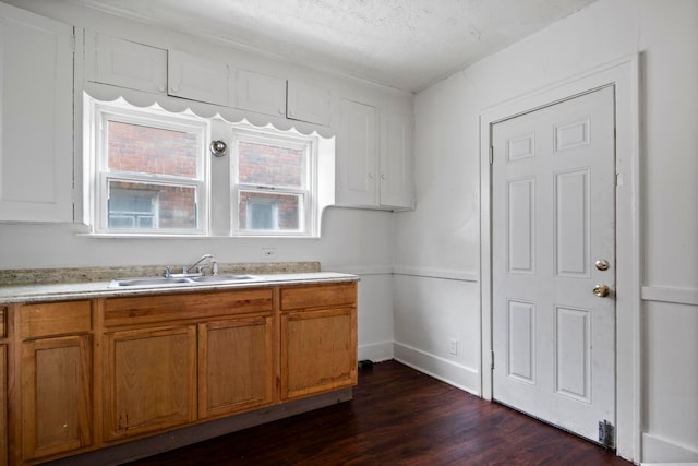 8916 Mendota St, Detroit, MI 48204 - kitchen featuring dark wood finished floors, brown cabinets, light countertops, a sink, and baseboards