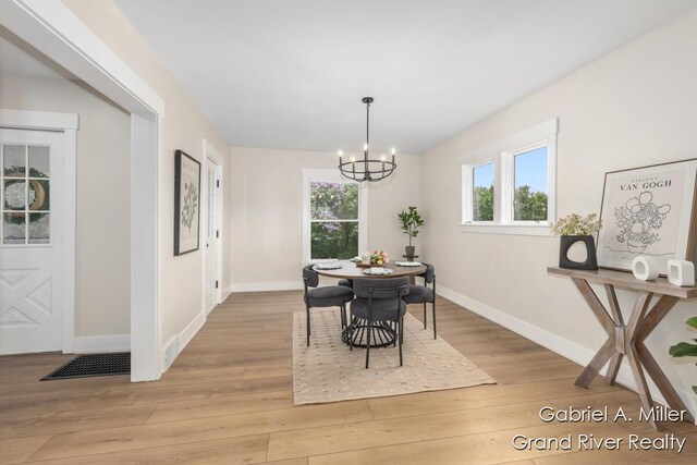 49 E 112th St, Grant, MI 49327 - dining room featuring light wood-style floors, a chandelier, and baseboards