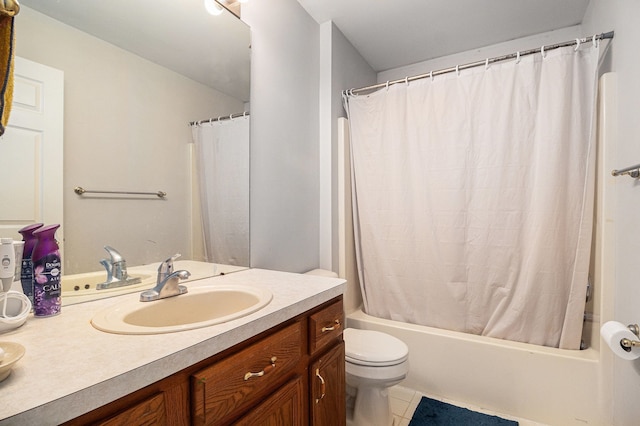 47291 Fairlawn Ct, Canton, MI 48188 - full bathroom with vanity, toilet, shower / bath combo with shower curtain, and tile patterned floors