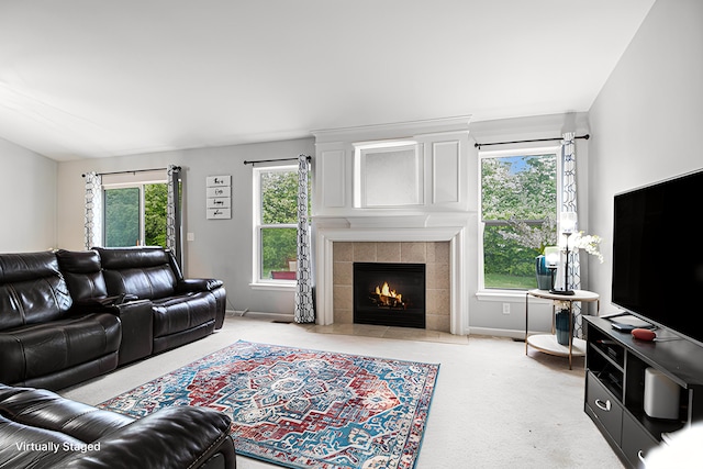 47291 Fairlawn Ct, Canton, MI 48188 - carpeted living room with a tile fireplace and baseboards