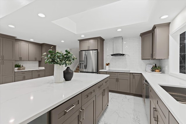 49712 Geddes Rd, Canton, MI 48188 - kitchen with stainless steel appliances, wall chimney range hood, recessed lighting, light marble finish flooring, and decorative backsplash
