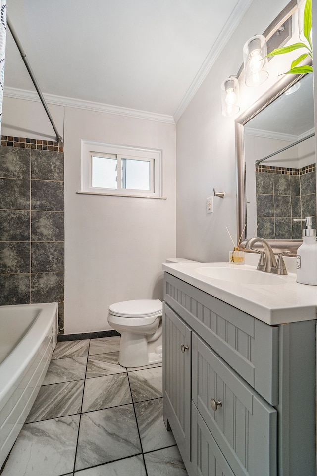 33731 Newport Dr, Sterling Heights, MI 48310 - full bath featuring crown molding, toilet, vanity, marble finish flooring, and shower / washtub combination