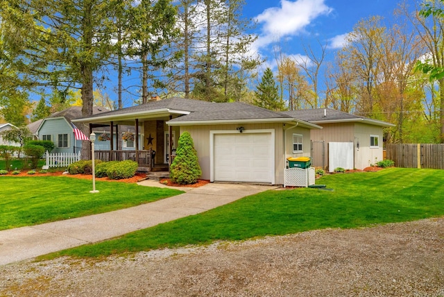 single story home featuring an attached garage, a porch, concrete driveway, and a shingled roof