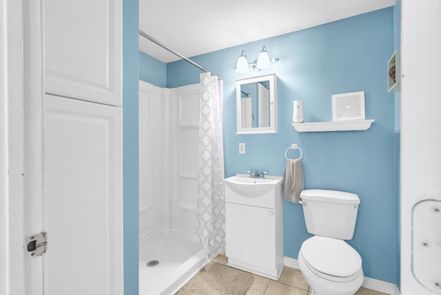 full bathroom featuring toilet, a shower stall, tile patterned floors, vanity, and baseboards