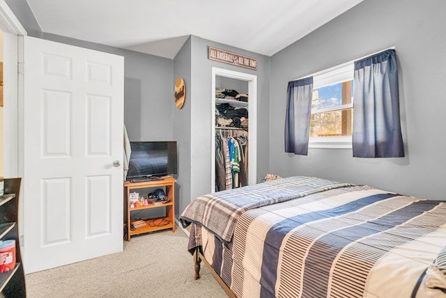 bedroom featuring carpet flooring and a closet
