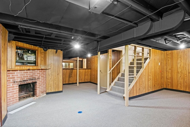 8105 Bramell, Redford, MI 48239 - finished basement featuring wooden walls, stairs, carpet floors, a brick fireplace, and baseboards