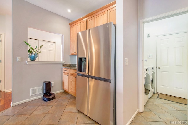 235 Cherry Stone Dr Unit 16, Canton, MI 48188 - kitchen with stainless steel refrigerator with ice dispenser, independent washer and dryer, light tile patterned floors, light brown cabinets, and recessed lighting