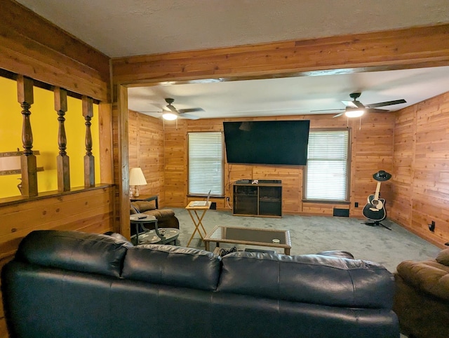 6452 Brian Circle Ln, Burton, MI 48509 - living room featuring wooden walls, ceiling fan, and carpet