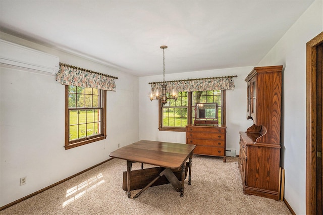 200 Brink St, Grant, MI 49327 - dining area with a wall mounted air conditioner, a chandelier, baseboards, light colored carpet, and baseboard heating