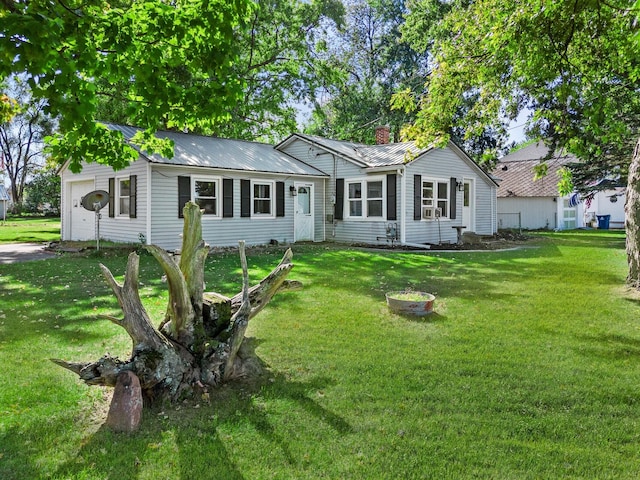 434 Walnut St, Howard City, MI 49329 - ranch-style home with a front lawn, a chimney, metal roof, and cooling unit