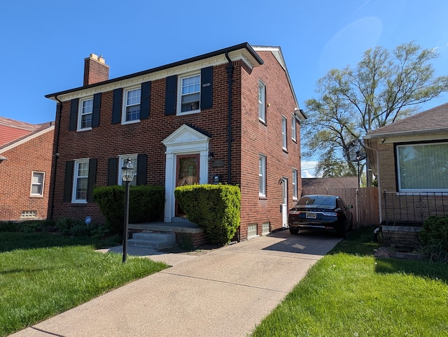 9864 E Outer Dr, Detroit, MI 48224 - view of front of home with a chimney, brick siding, and driveway