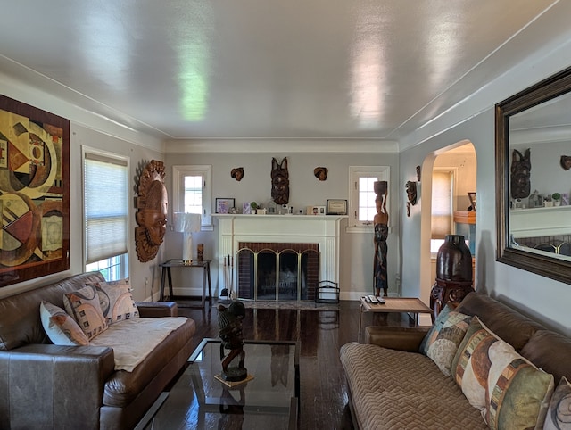 9864 E Outer Dr, Detroit, MI 48224 - living area featuring arched walkways, plenty of natural light, a fireplace, and wood finished floors