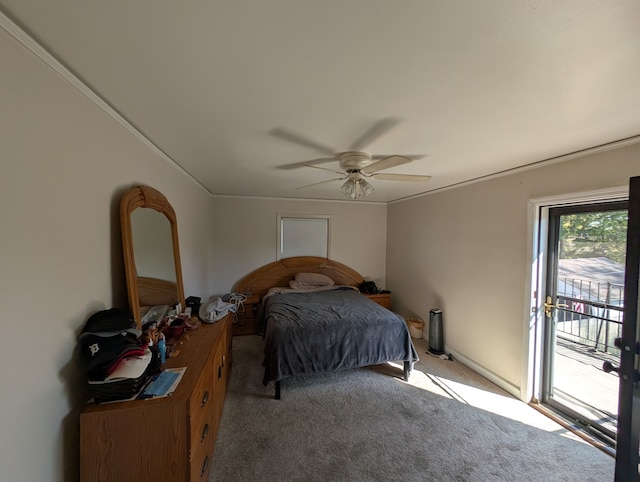 9864 E Outer Dr, Detroit, MI 48224 - carpeted bedroom with access to outside, a ceiling fan, and crown molding
