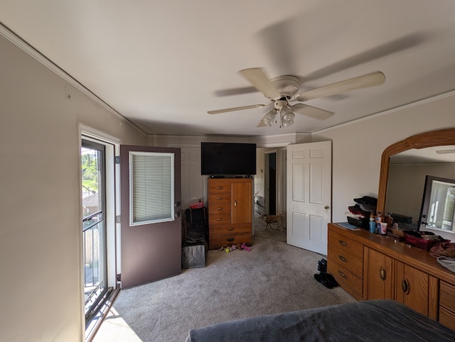 9864 E Outer Dr, Detroit, MI 48224 - carpeted bedroom with ornamental molding, ceiling fan, and arched walkways