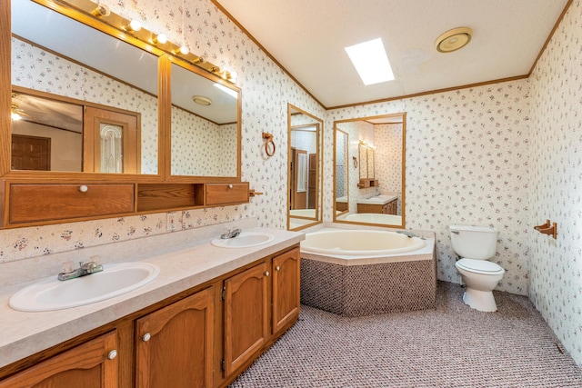 5705 Centerline Rd, Newaygo, MI 49337 - full bathroom with ornamental molding, a garden tub, double vanity, toilet, and wallpapered walls
