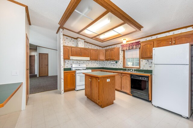 5705 Centerline Rd, Newaygo, MI 49337 - kitchen with white appliances, under cabinet range hood, lofted ceiling, a kitchen island, and brown cabinetry