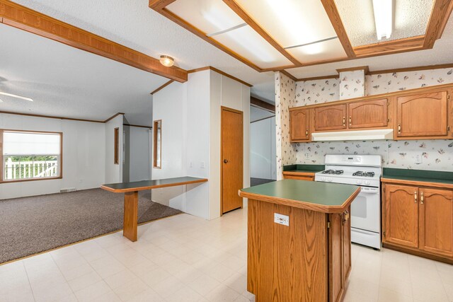 5705 Centerline Rd, Newaygo, MI 49337 - kitchen with white range with gas stovetop, under cabinet range hood, crown molding, a center island, and wallpapered walls
