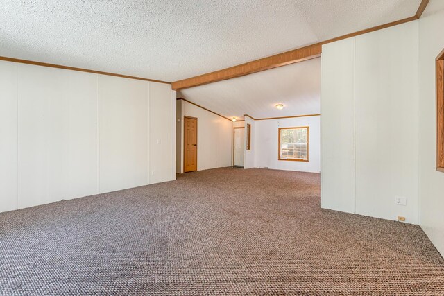 5705 Centerline Rd, Newaygo, MI 49337 - carpeted empty room with lofted ceiling, ornamental molding, and a textured ceiling