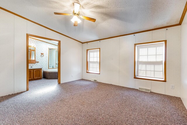 5705 Centerline Rd, Newaygo, MI 49337 - carpeted spare room featuring crown molding, a ceiling fan, vaulted ceiling, and a textured ceiling
