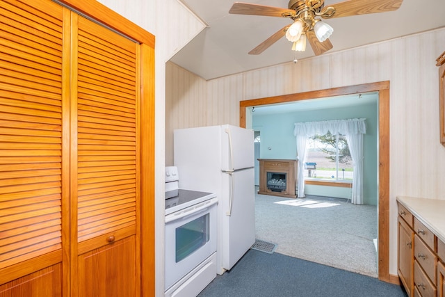 11103 N Luce Rd, Alma, MI 48801 - kitchen featuring white appliances, carpet floors, a fireplace, and a ceiling fan