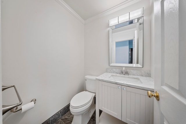 18080 Parke Ln, Grosse Ile, MI 48138 - half bathroom with crown molding, toilet, vanity, baseboards, and stone finish floors