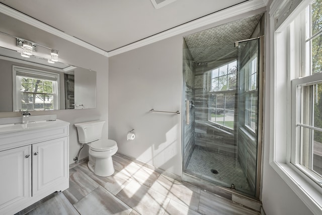 18080 Parke Ln, Grosse Ile, MI 48138 - bathroom with a shower stall, vanity, toilet, crown molding, and baseboards